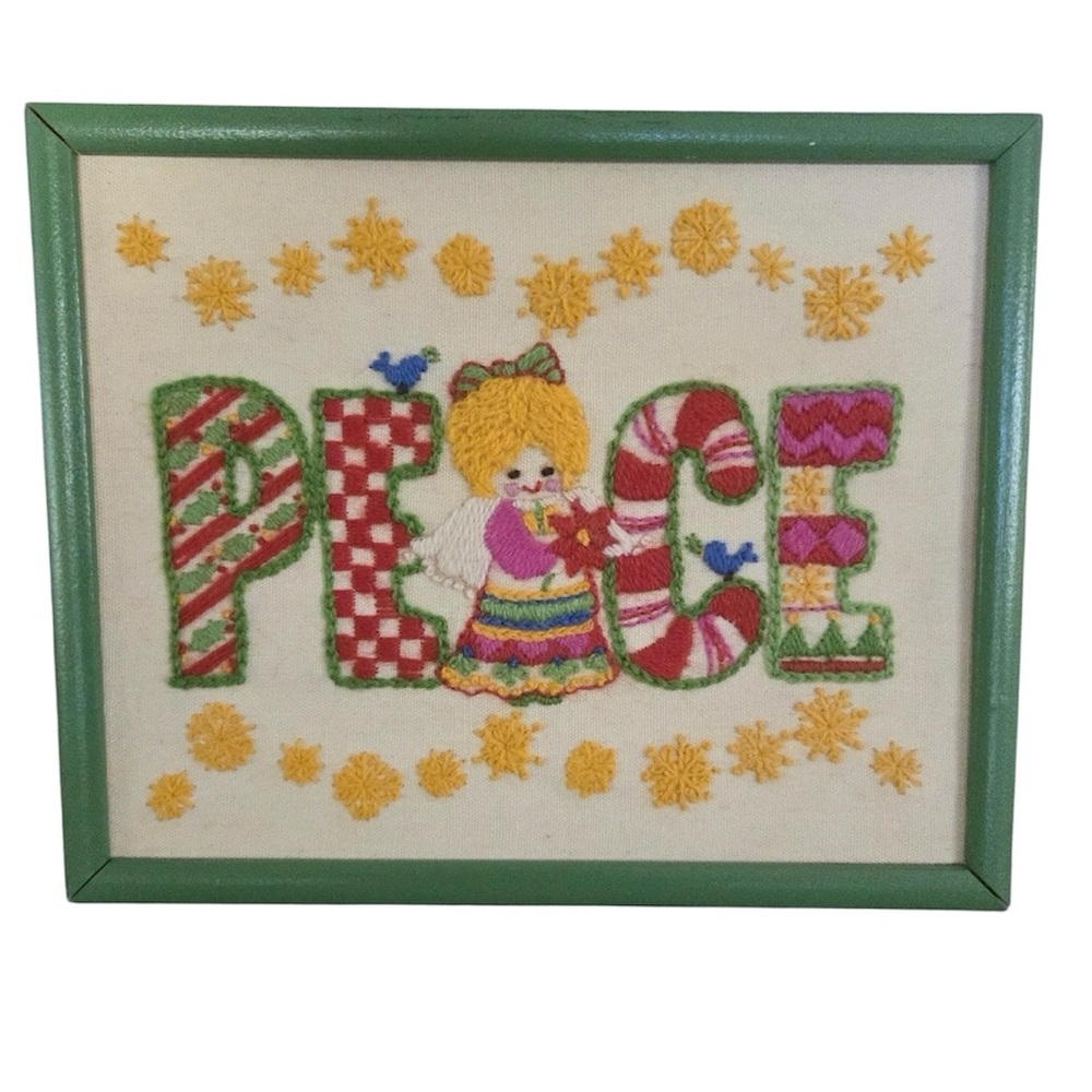 Vintage Wood Framed‎ Needlepoint Christmas Peace Angel 9x11 Holiday Wall Art